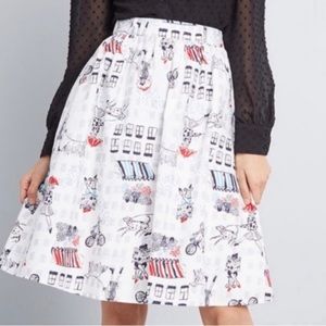 ModCloth Skirt Rainy Day in Paris 100% Cotton Dogs White Blue Red Womens Large M